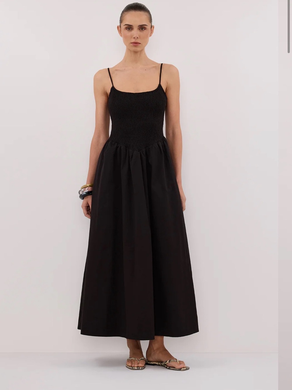 DISSH MILANO Black Smocked Bodice Maxi Dress with Spaghetti Straps